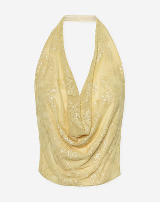 TOP HALTER EN SEQUINS FEUILLE JAUNE BEURRE