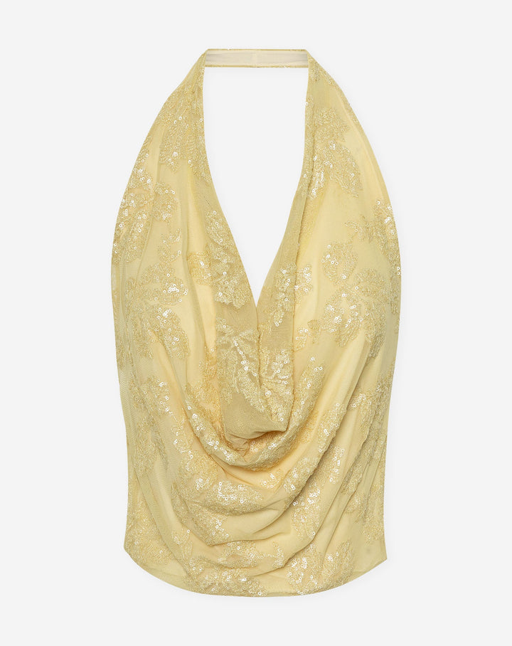 TOP HALTER EN SEQUINS FEUILLE JAUNE BEURRE