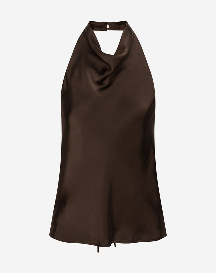 TAMMY TOP HALTER SATIN BRUN