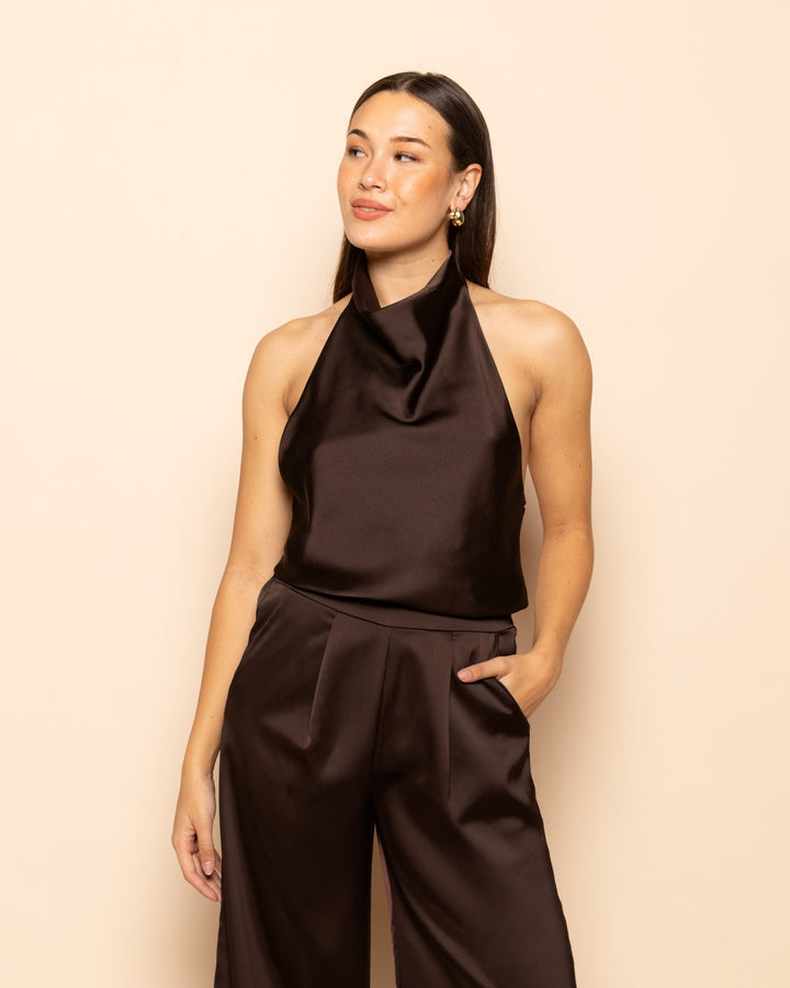 TOP HALTER SATIN BRUN