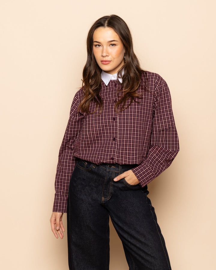 BLOUSE À COL CONTRASTÉ VÉRITABLE BORDEAUX