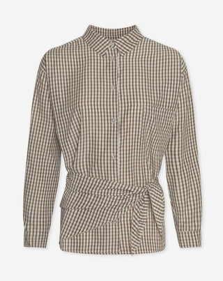 BLOUSE À CARREAUX BRUN AVEC ÉCHARPE