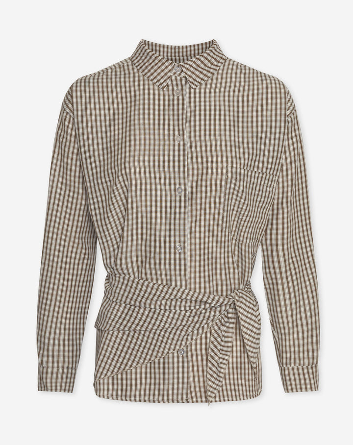 BLOUSE À CARREAUX BRUN AVEC ÉCHARPE