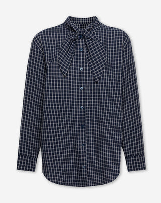 BLOUSE À CARREAUX AVEC NŒUD BLEU MARINE