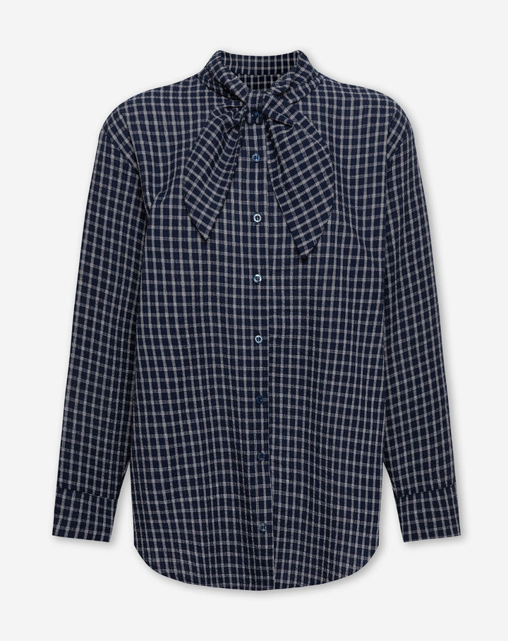 BLOUSE À CARREAUX AVEC NŒUD BLEU MARINE