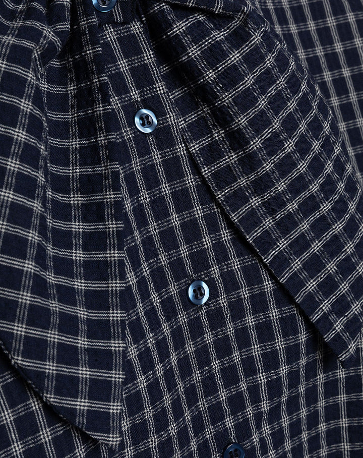 BLOUSE À CARREAUX AVEC NŒUD BLEU MARINE