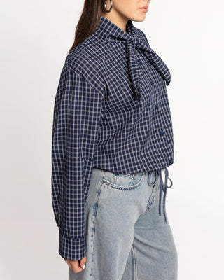 BLOUSE À CARREAUX AVEC NŒUD BLEU MARINE