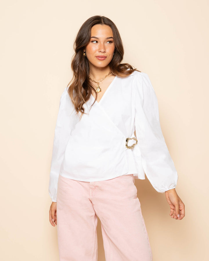 BLOUSE À BOUCLE EN POPLINE BLANCHE