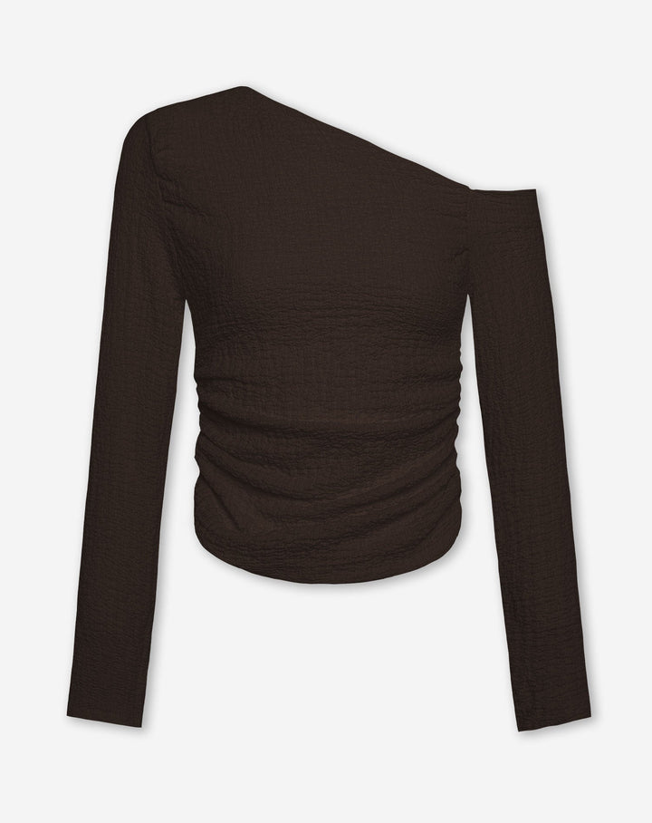 TOP RUCHÉ À ÉPAULES DÉNUDÉES COULEUR MARRON FONCÉ