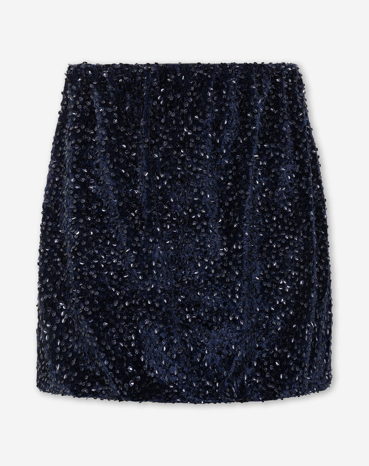 JUPE À HEM BUBBLE EN VELOURS PHOEBE À PAILLETTES BLEU MARINE