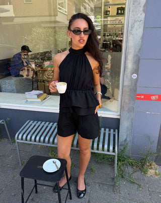 HALLY RUFFLE HALTER TOP NOIR