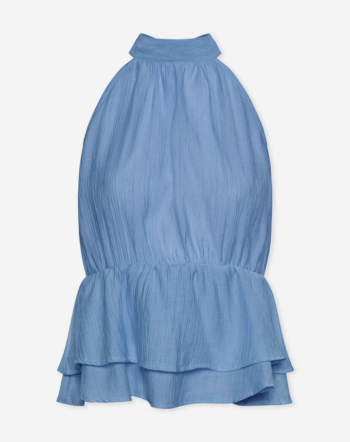 HALLY RUFFLE HALTER TOP BLEU