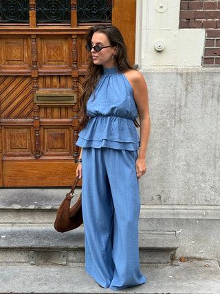 HALLY RUFFLE HALTER TOP BLEU