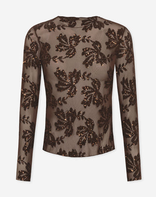 TOP EN LACETS À FEUILLES BRUN