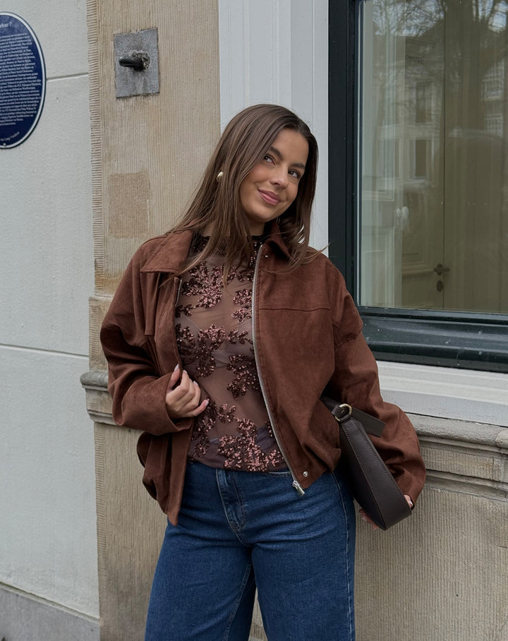 TOP EN LACETS À FEUILLES BRUN