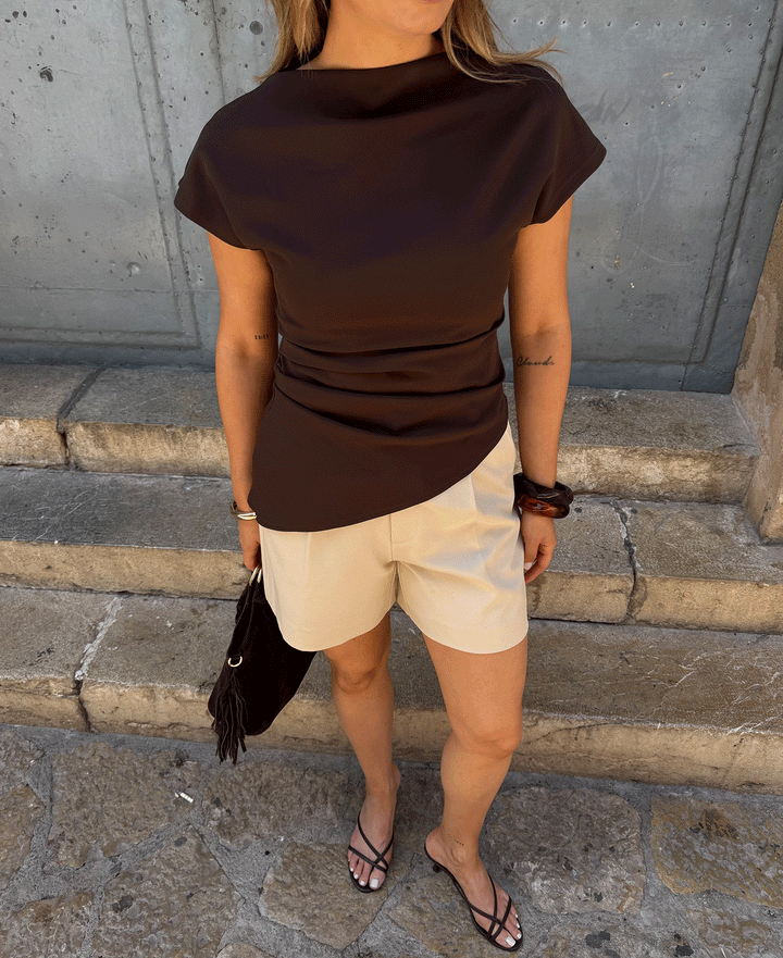 TOP RUCHÉ ASYMÉTRIQUE BRUN