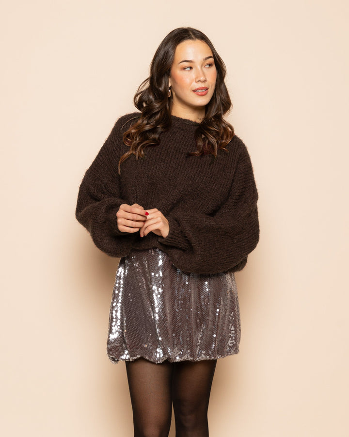 JUPE À OURLET BULLE EN SEQUINS TRANSPARENTS BRUN