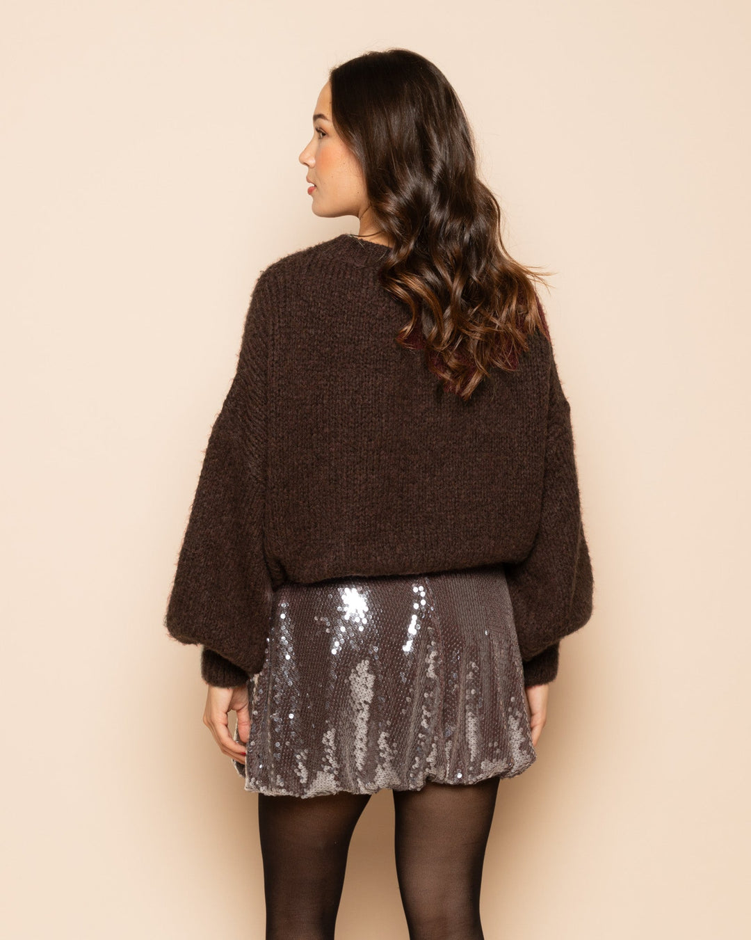 JUPE À OURLET BULLE EN SEQUINS TRANSPARENTS BRUN