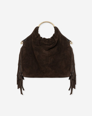 SAC À ANSE EN SUEDE À FRANGES MARRON FONCÉ