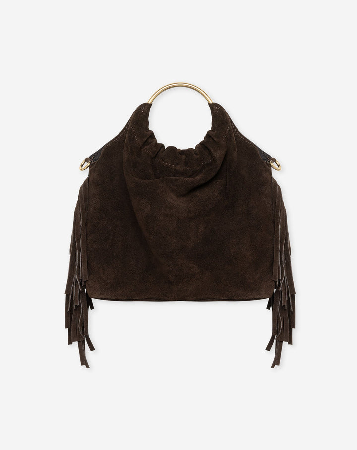 SAC À ANSE EN SUEDE À FRANGES MARRON FONCÉ