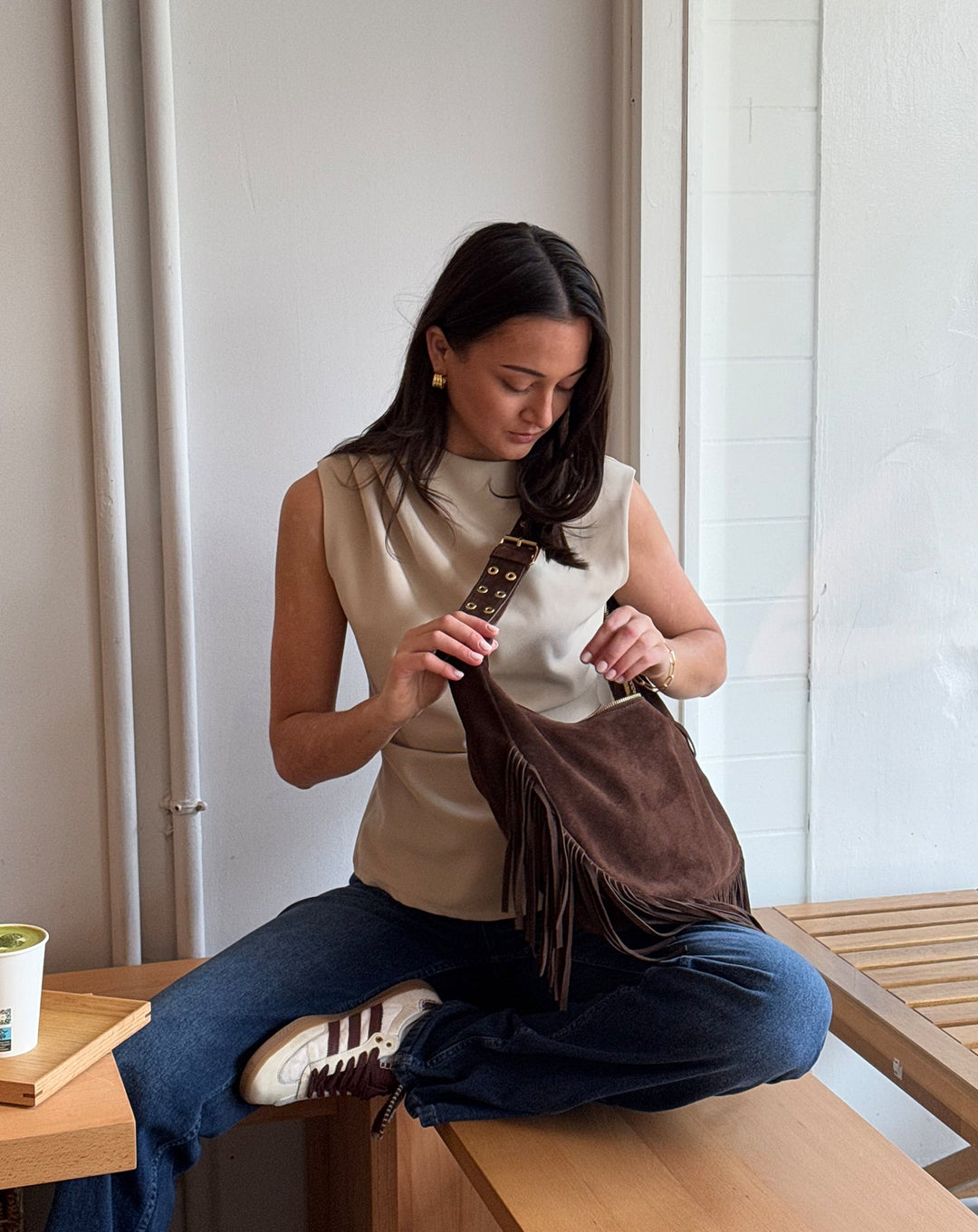 SAC EN SUEDE AVEC FRANGES LIVIA MARRON FONCÉ