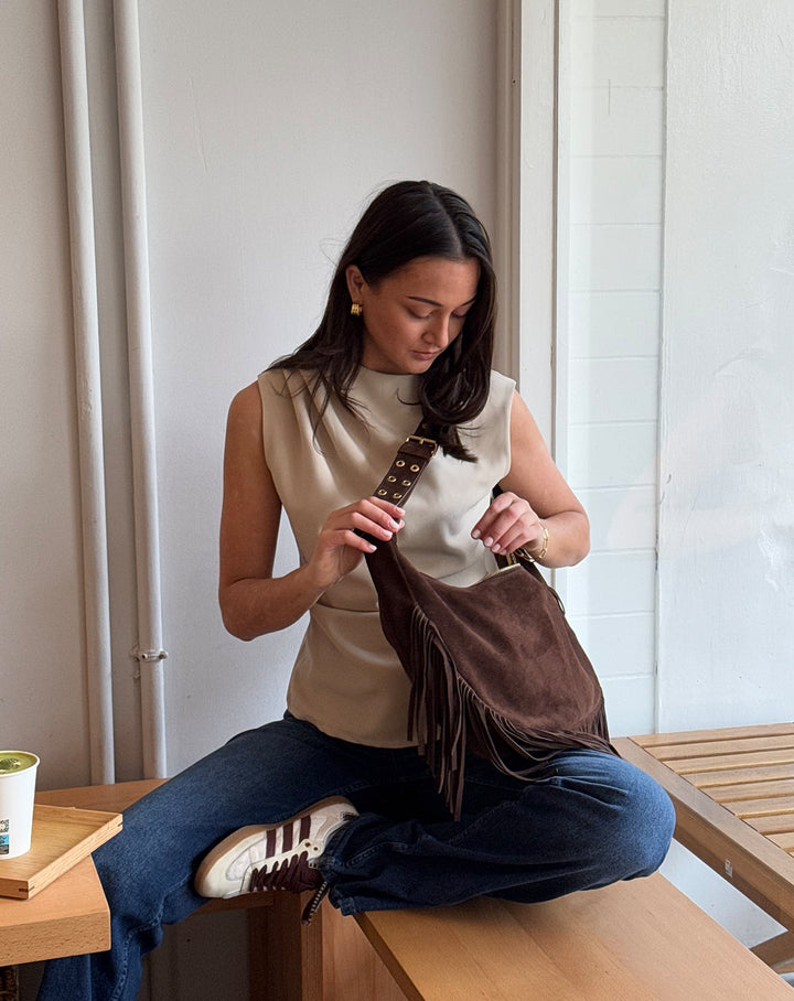 SAC EN SUEDE AVEC FRANGES LIVIA MARRON FONCÉ
