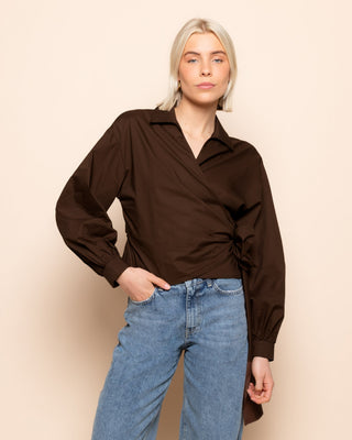 BLOUSE EN POPLIN AVEC NOEUD BRUN