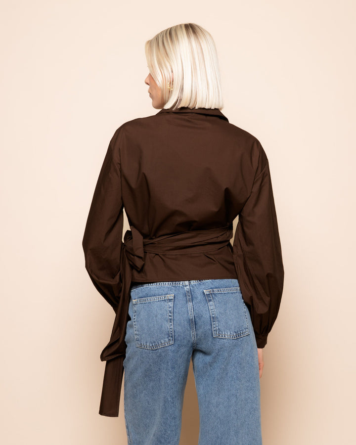 BLOUSE EN POPLIN AVEC NOEUD BRUN