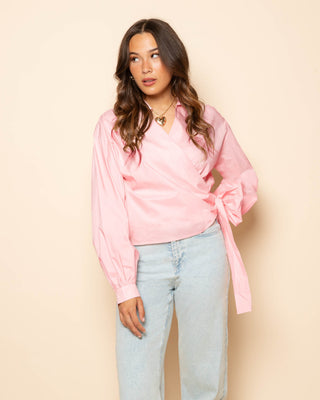 BLOUSE À NOEUD EN POPLINE ROSE CLAIR