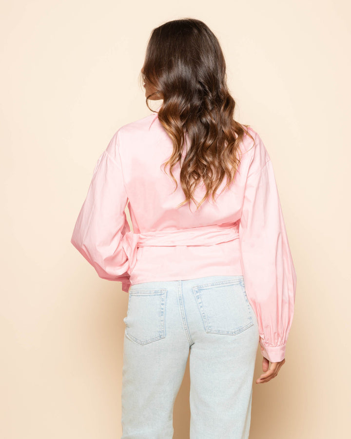BLOUSE À NOEUD EN POPLINE ROSE CLAIR