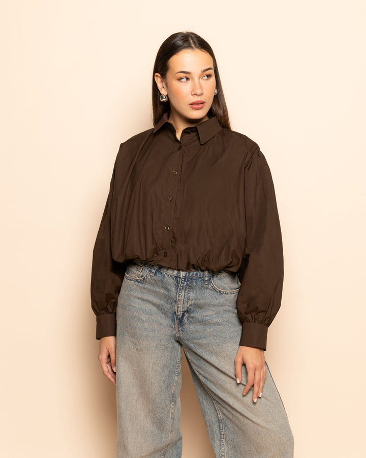 BLOUSE EN POPLINE À OURLET BOULE BRUN