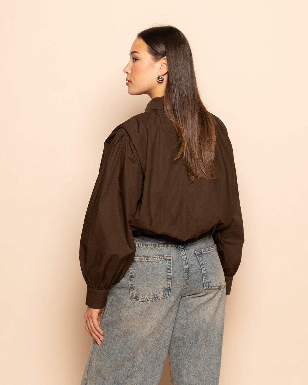 BLOUSE EN POPLINE À OURLET BOULE BRUN