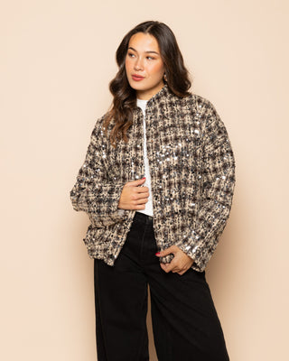VESTE BOMBER À PAILLETTES À CARREAUX BRUN