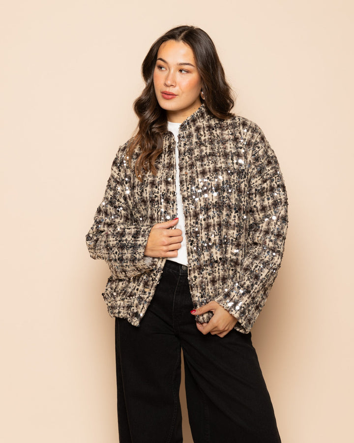 VESTE BOMBER À PAILLETTES À CARREAUX BRUN