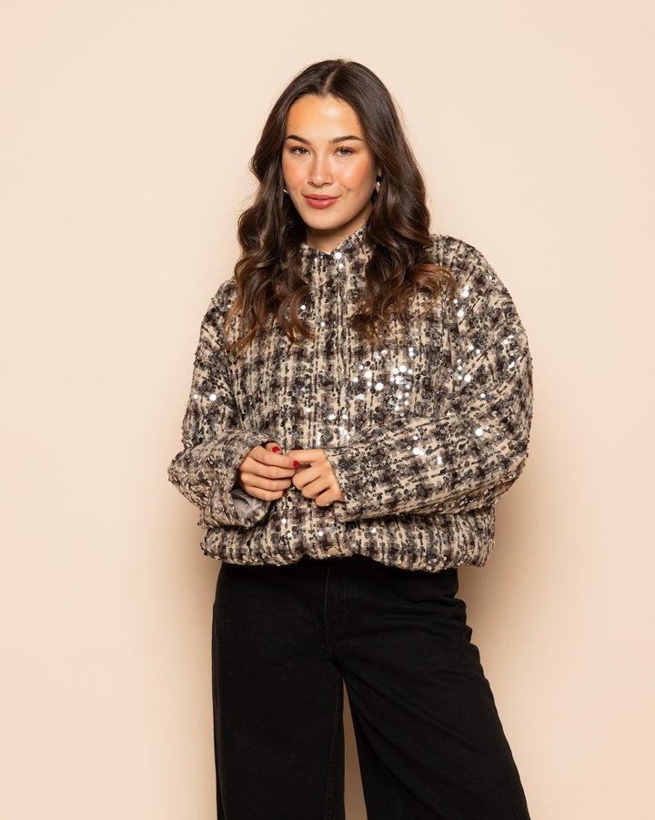 VESTE BOMBER À PAILLETTES À CARREAUX BRUN