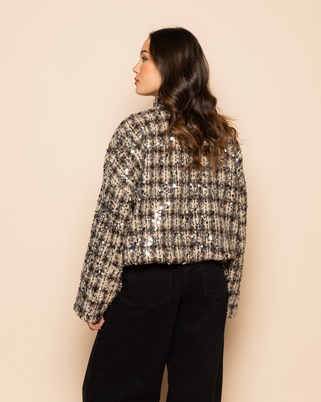 VESTE BOMBER À PAILLETTES À CARREAUX BRUN