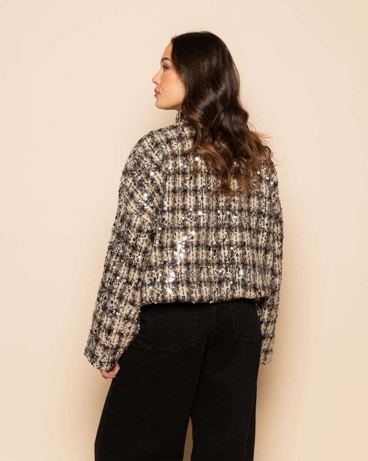 VESTE BOMBER À PAILLETTES À CARREAUX BRUN