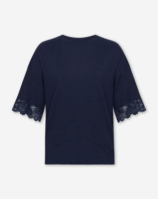 T-SHIRT OVERSIZE À MANCHES EN DENTELLE BLEU MARINE