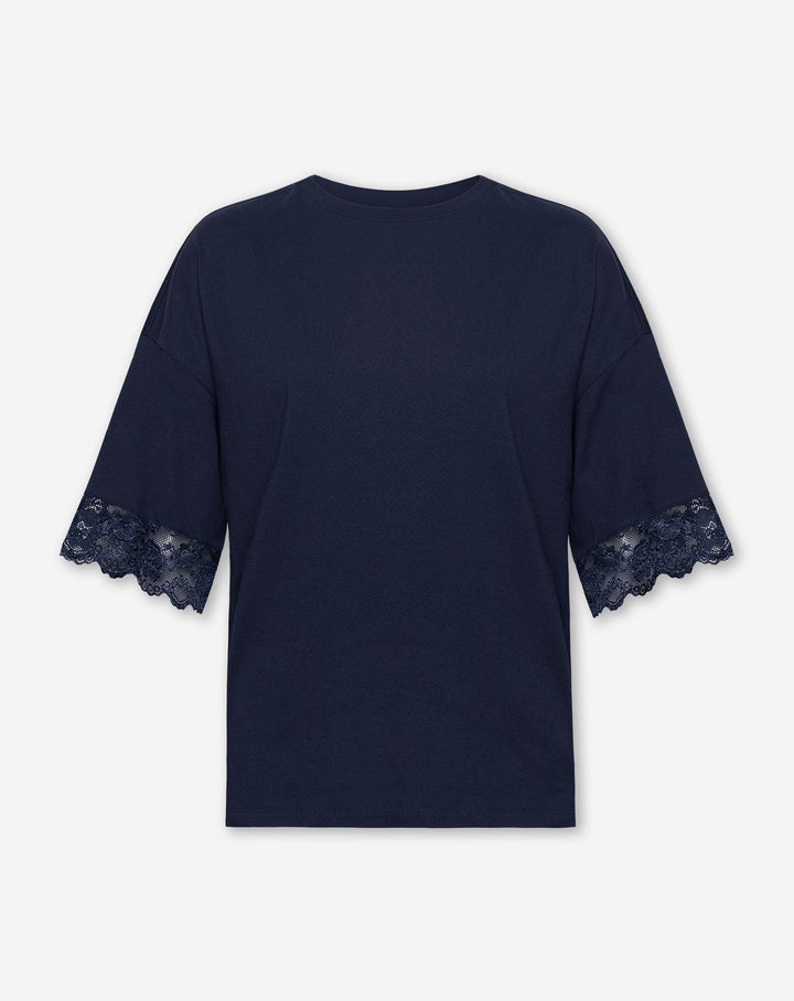 T-SHIRT OVERSIZE À MANCHES EN DENTELLE BLEU MARINE