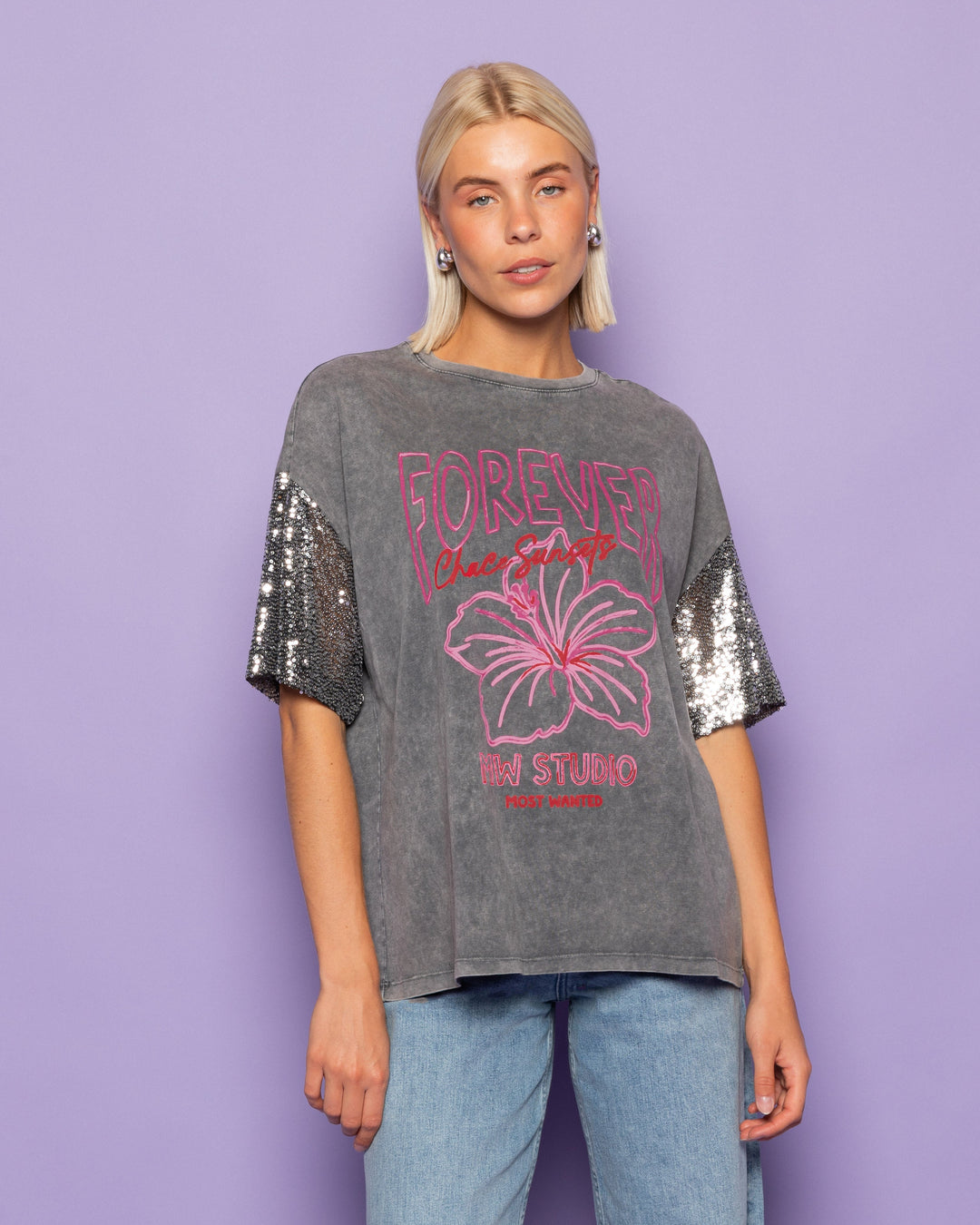 T-SHIRT OVERSIZE À MANCHES À PAILLETTES ÉTERNELLES GRIS ACIDE