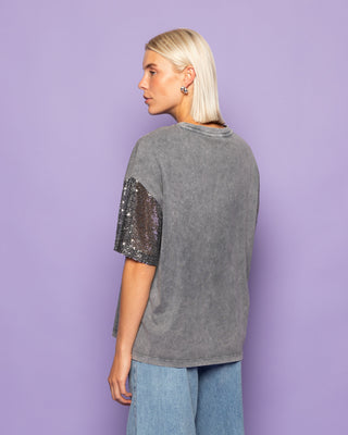 T-SHIRT OVERSIZE À MANCHES À PAILLETTES ÉTERNELLES GRIS ACIDE