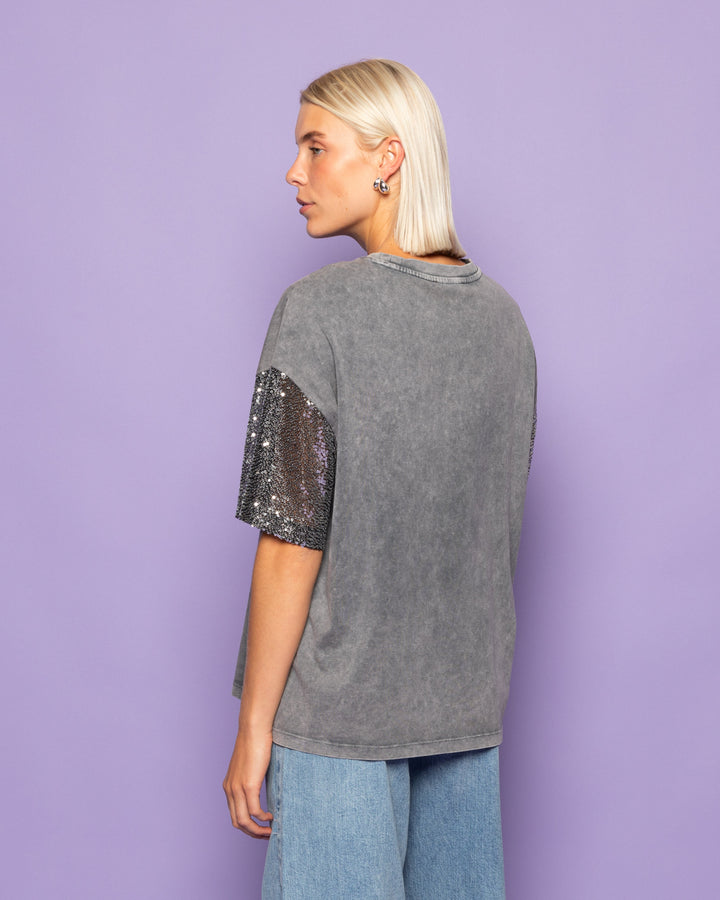 T-SHIRT OVERSIZE À MANCHES À PAILLETTES ÉTERNELLES GRIS ACIDE