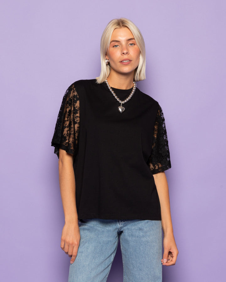 T-SHIRT À MANCHES EN DENTELLE NOIR