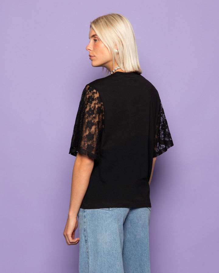 T-SHIRT À MANCHES EN DENTELLE NOIR