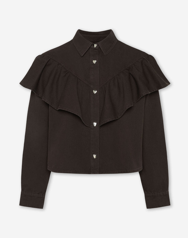 BLOUSE EN DENIM VOLANT BRUN