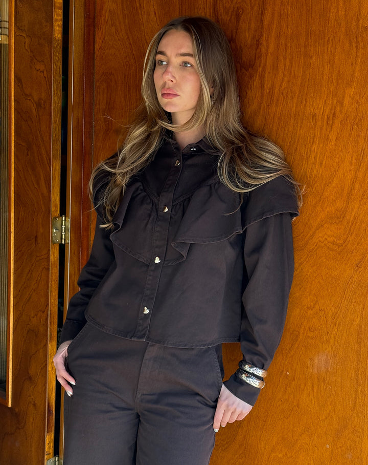 BLOUSE EN DENIM VOLANT BRUN
