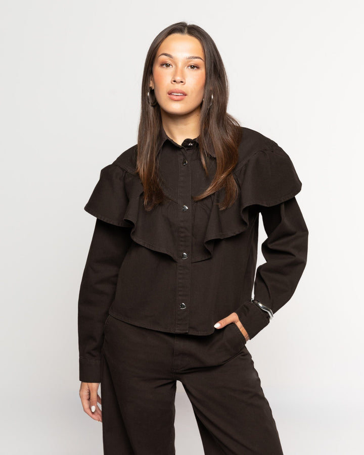 BLOUSE EN DENIM VOLANT BRUN