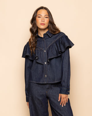 BLOUSE EN DENIM RUFFLE BLEU FONCÉ