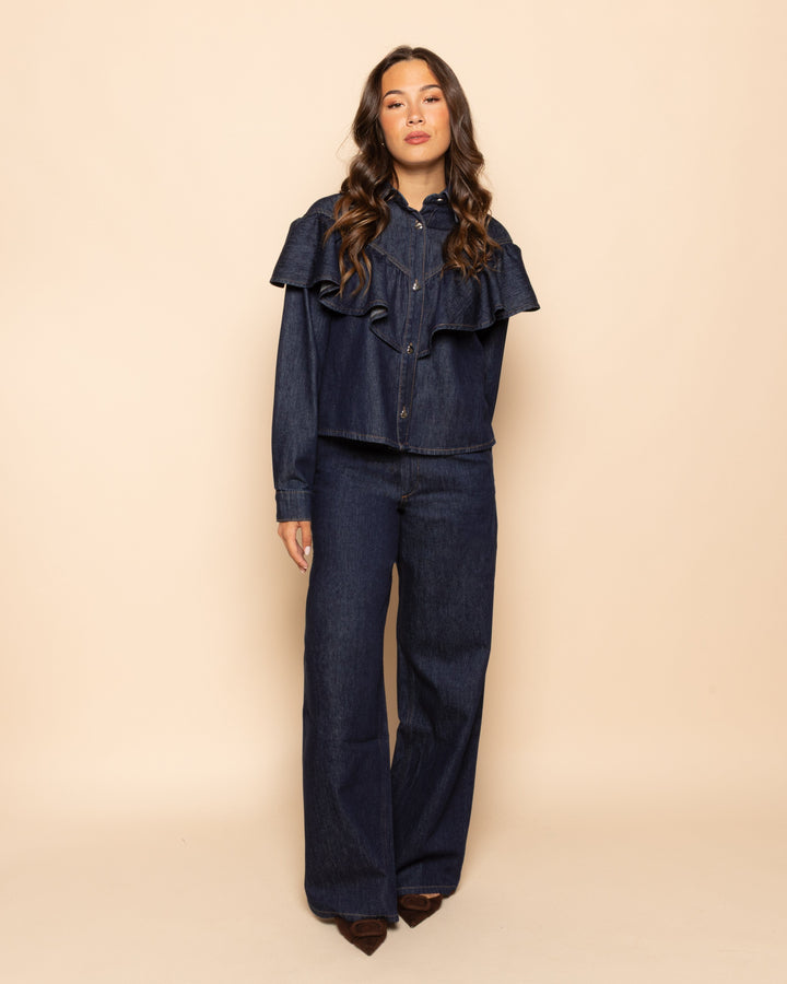 BLOUSE EN DENIM RUFFLE BLEU FONCÉ