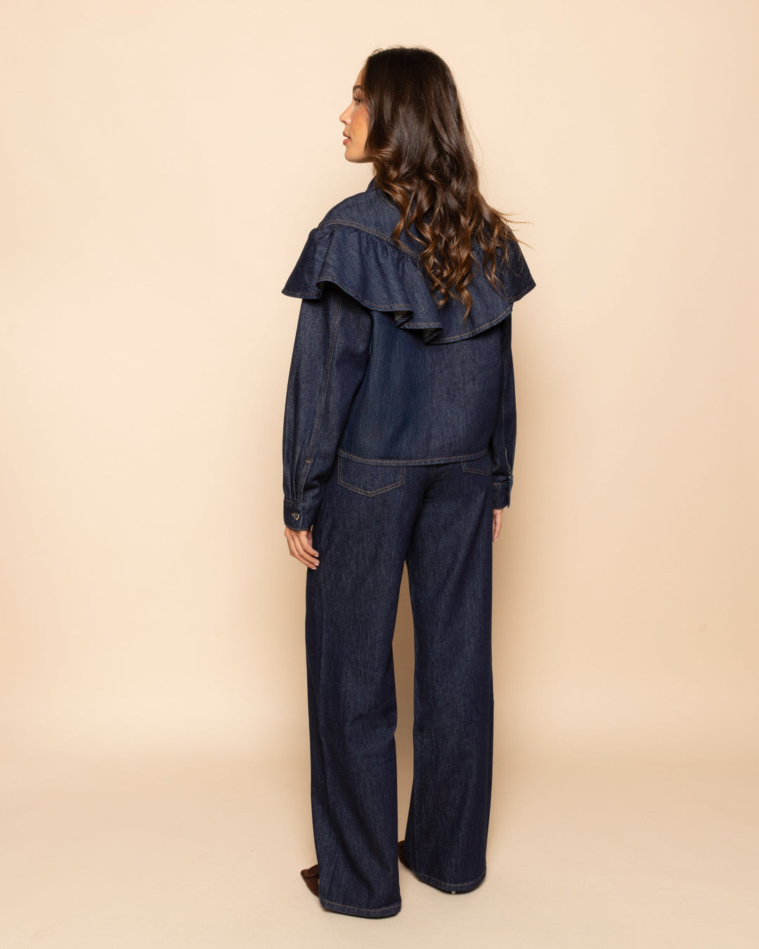 BLOUSE EN DENIM RUFFLE BLEU FONCÉ